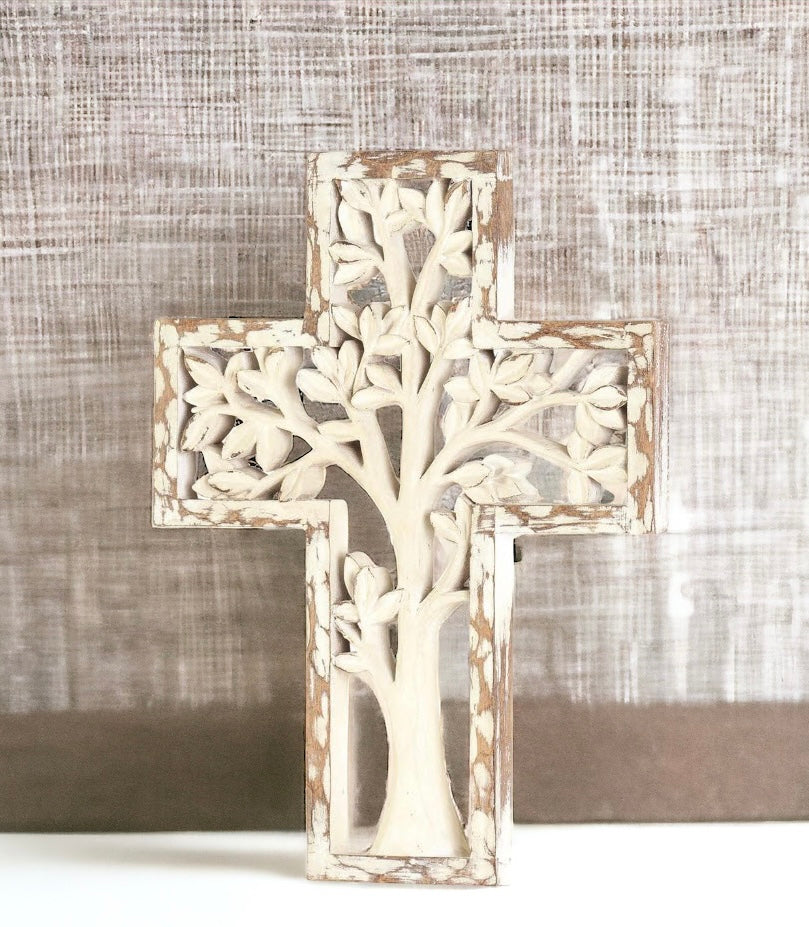 tree of life, tree wall cross, farmhouse cross, rustic wall cross, rustic cross, white wall cross, distressed cross, carved wood cross, catholic gifts, christian gifts, christian decor, catholic decor, wood wall cross, baptism gift, christening gift, wedding gift christian, first communion gift, confirmation gift, easter gift, Lent
