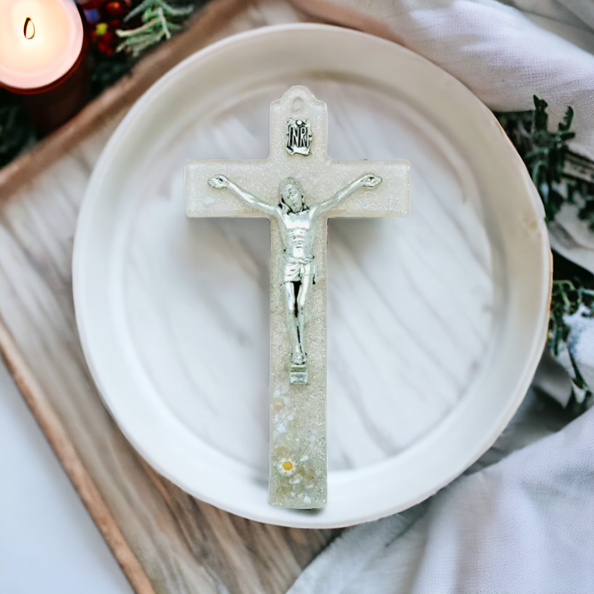 Italian Murano Glass Handmade Crucifix Wall Cross, flower cross, Italian cross, Italian Crucifix, baptism gift, baptismal gift, christening gift, easter gift, lent, catholic gifts, christian gifts, catholic gifts for her, handmade crucifix, small wall crucifix, glass crucifix