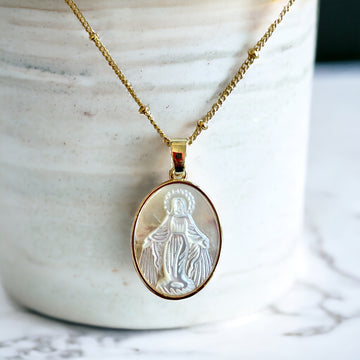 Mother of Pearl Virgin Mary Pendant Necklace