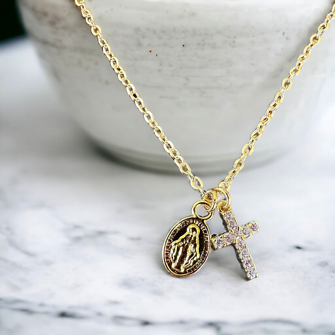 virgin mary necklace, gold mary necklace, gold mary jewelry, madonna necklace, blessed mother, baptism gift, communion gift for her, confirmation gift for her, miraculous medal necklace, dainty tiny virgin mary necklace, religious necklace, protection necklace, catholic jewelry, catholic gifts for her, christian gift for her, crystal cross, 14k gold mary necklace, mother's day gift, christian birthday gift, catholic birthday gift, mary necklace, tiny cross necklace, tiny cross saint charm necklace