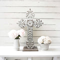 standing cross, table top cross, farmhouse cross, handcarved table cross, distressed wood white cross, catholic gifts, catholic wedding gift, christian wedding gift, housewarming gift, baptism gift, first communion gift, confirmation gift, rustic table top cross, rustic wood cross, catholic birthday gift, christian birthday gift, catholic home decor, catholic decor, christian decor, catholic decoration