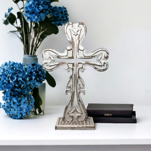 standing cross, table top cross, farmhouse cross, handcarved table cross, hand carved table cross, distressed wood white cross, catholic gifts, catholic wedding gift, christian wedding gift, housewarming gift, baptism gift, first communion gift, confirmation gift, rustic table top cross, rustic wood cross, catholic birthday gift, christian birthday gift, catholic home decor, catholic decor, christian decor, catholic decoration