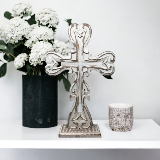 standing cross, table top cross, farmhouse cross, handcarved table cross, hand carved table cross, distressed wood white cross, catholic gifts, catholic wedding gift, christian wedding gift, housewarming gift, baptism gift, first communion gift, confirmation gift, rustic table top cross, rustic wood cross, catholic birthday gift, christian birthday gift, catholic home decor, catholic decor, christian decor, catholic decoration