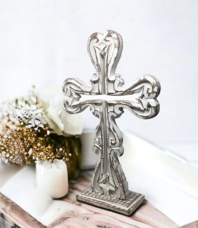 standing cross, table top cross, farmhouse cross, handcarved table cross, hand carved table cross, distressed wood white cross, catholic gifts, catholic wedding gift, christian wedding gift, housewarming gift, baptism gift, first communion gift, confirmation gift, rustic table top cross, rustic wood cross, catholic birthday gift, christian birthday gift, catholic home decor, catholic decor, christian decor, catholic decoration