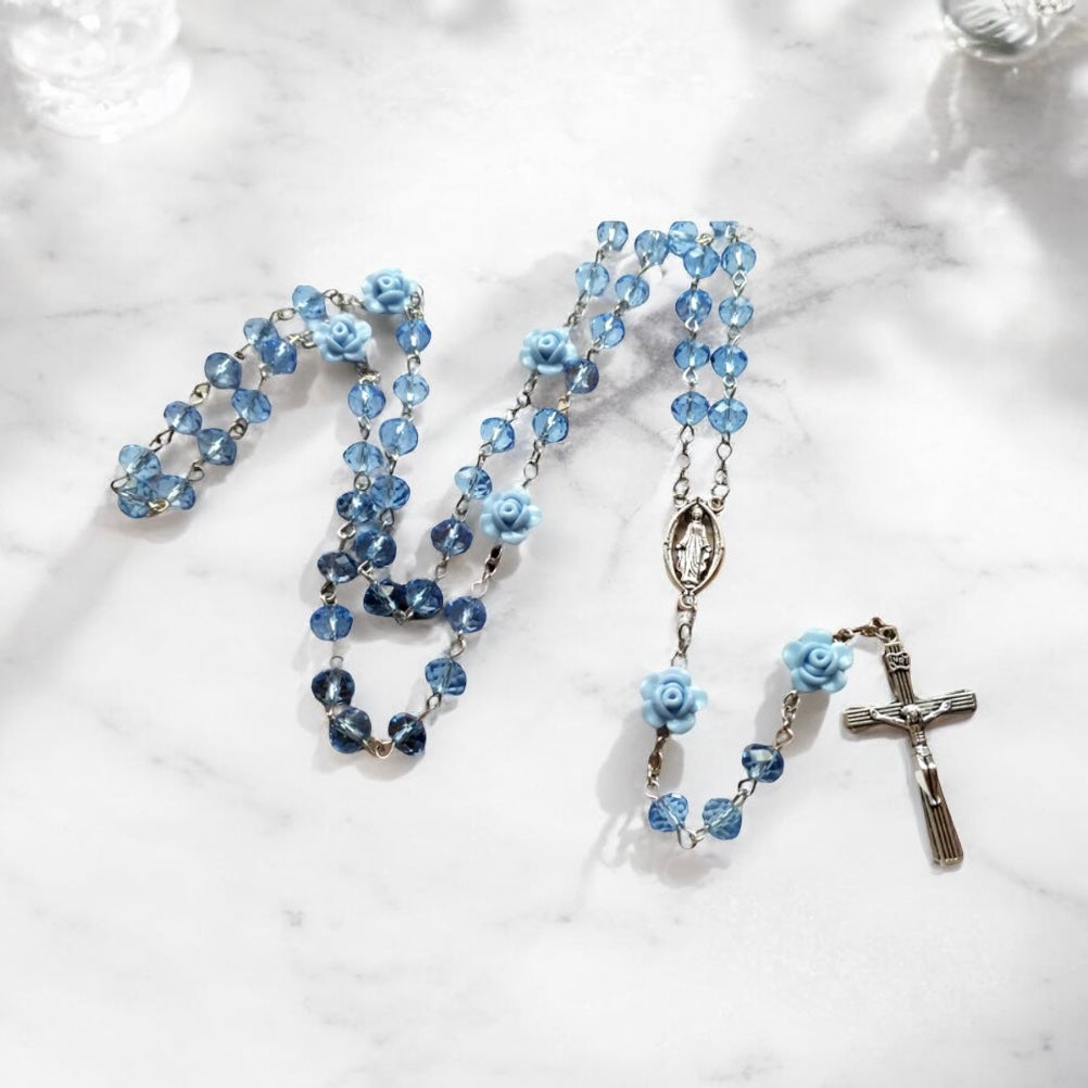 catholic gifts, blue rosary, miraculous medal rosary, assumption of mary, adoration rosary, flower floral rosary, baptism gift, reconciliation gift, confirmation gift, catholic newborn, first communion gift, crucifix rosary