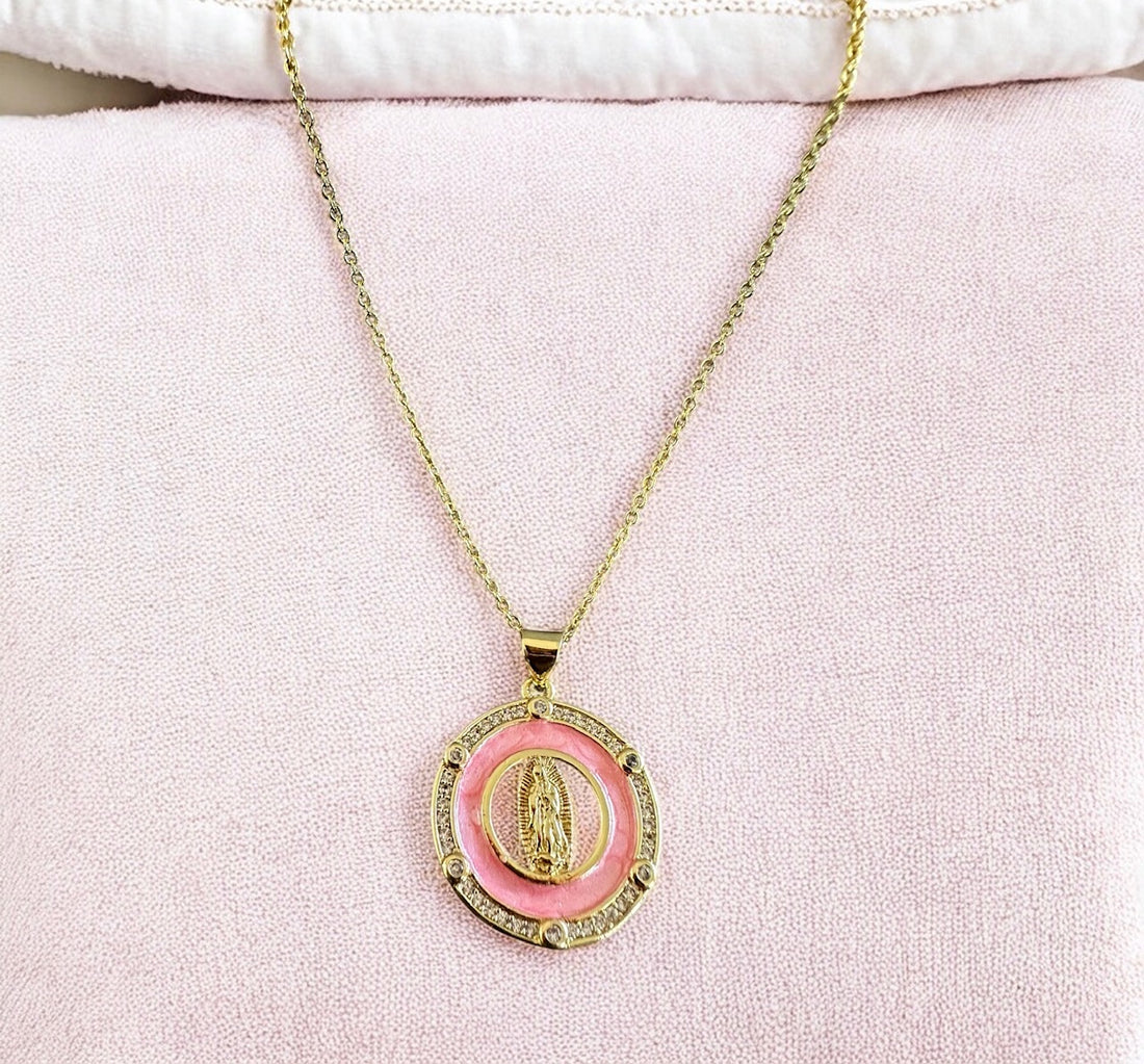 Dainty Pink Virgin Mary Pendant Gold Necklace, catholic gifts, catholic jewelry, catholic necklace, confirmation gift for her, baptism gift for her, first communion gift for her, our lady of guadalupe necklace, miraculous medal necklace , dainty gold virgin mary necklace