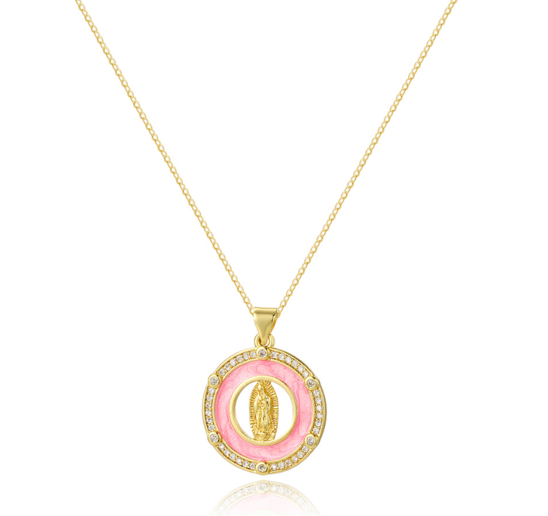 Dainty Pink Virgin Mary Pendant Gold Necklace, catholic gifts, catholic jewelry, catholic necklace, confirmation gift for her, baptism gift for her, first communion gift for her, our lady of guadalupe necklace, miraculous medal necklace , dainty gold virgin mary necklace