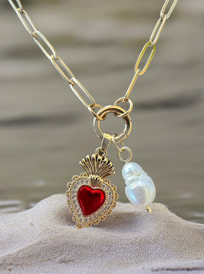Sacred Heart Mother of Pearl Paper Clip Chain Necklace