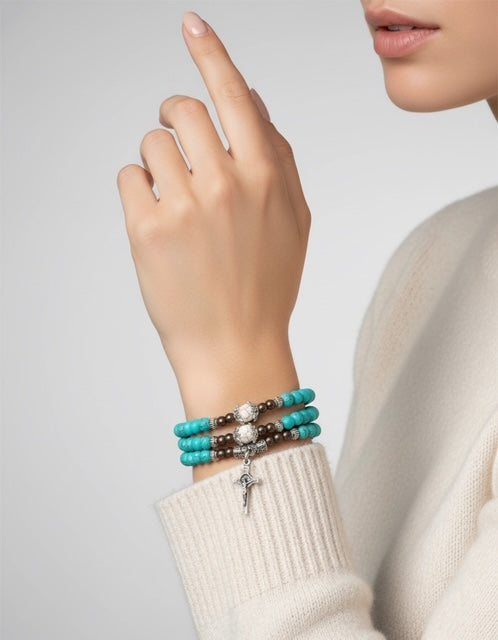 st benedict bracelet, st benedict jewelry, miraculous medal, catholic jewelry, christian jewelry, christian bracelet, saint bracelet, saints jewelry, saint benedict jewelry, turquoise wrap bracelet, cross bracelet, catholic gift for her, christian bracelets