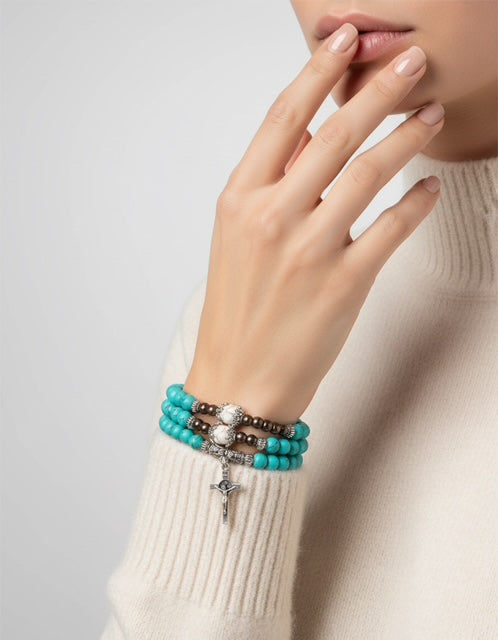st benedict bracelet, st benedict jewelry, miraculous medal, catholic jewelry, christian jewelry, christian bracelet, saint bracelet, saints jewelry, saint benedict jewelry, turquoise wrap bracelet, cross bracelet, catholic gift for her, christian bracelets