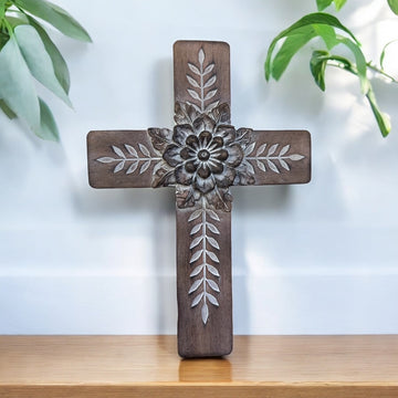 White Washed Floral Wall Cross 12"