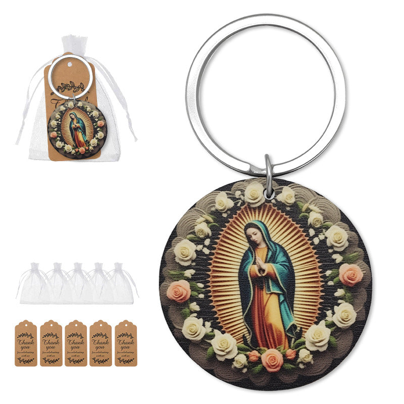 Keychain with religious design featuring a figure in a blue and green robe surrounded by flowers, with packaging and tags on a white background.  Baptism Party favors for guests, unique baptism first communion favor ideas, elegant christening favors, virgin mary keychain, our lady of guadalupe keychain