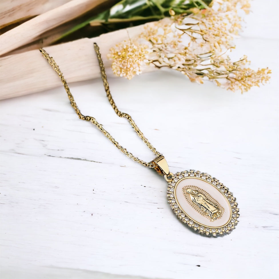 Virgin Mary Pendant Necklace with shell background and delicate crystals surrounded in oval shape Virgin Mary Pendant necklace, catholic jewelry, catholic necklace, catholic gifts, catholic gift