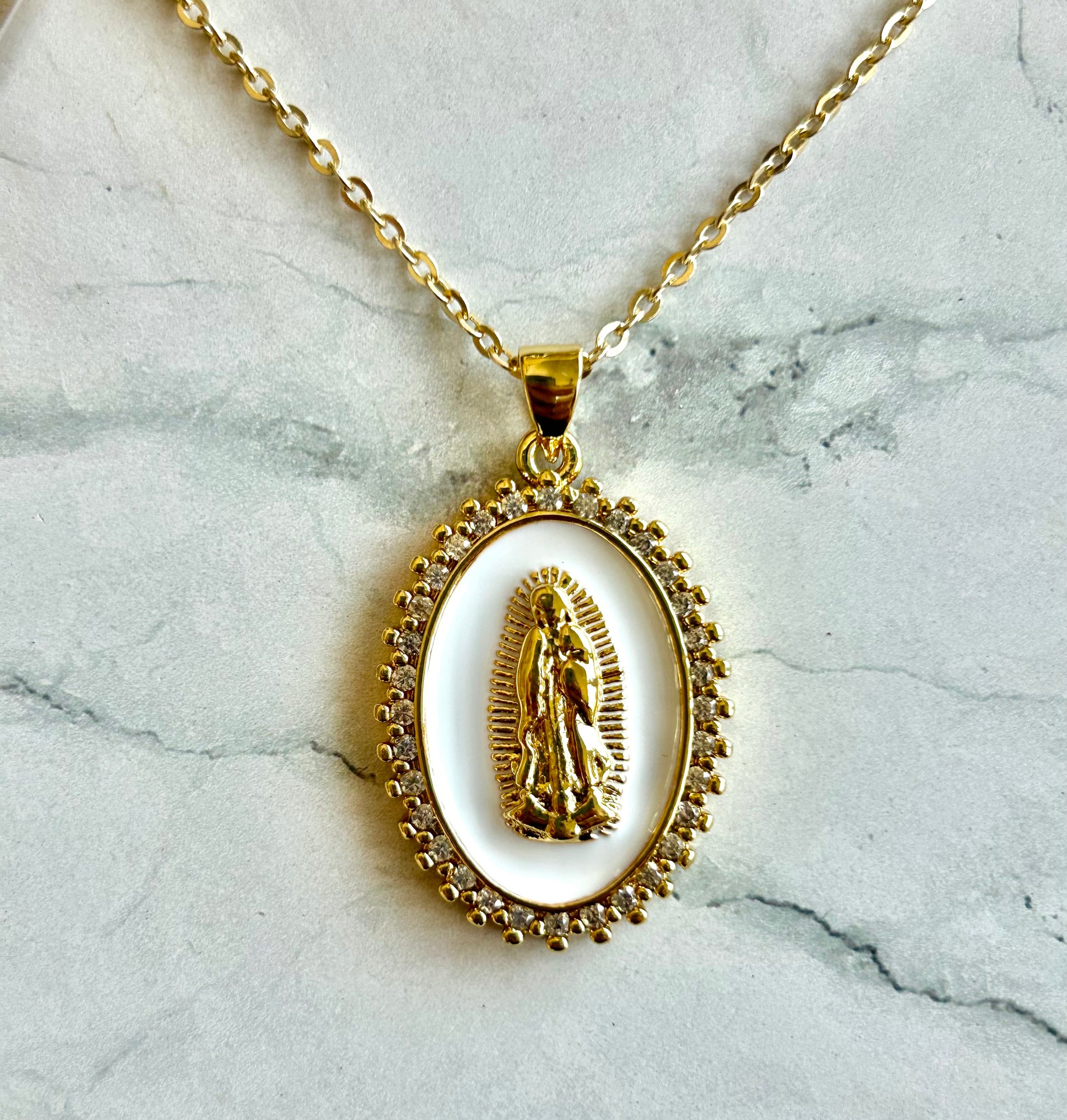 Virgin Mary Pendant Necklace with shell background and delicate crystals surrounded in oval shape Virgin Mary Pendant necklace, catholic jewelry, catholic necklace, catholic gifts, catholic gift