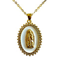 Virgin Mary Pendant Necklace mother of pearl background and delicate crystals surrounded in oval shape, catholic jewelry, catholic necklace, catholic gift, catholic gifts