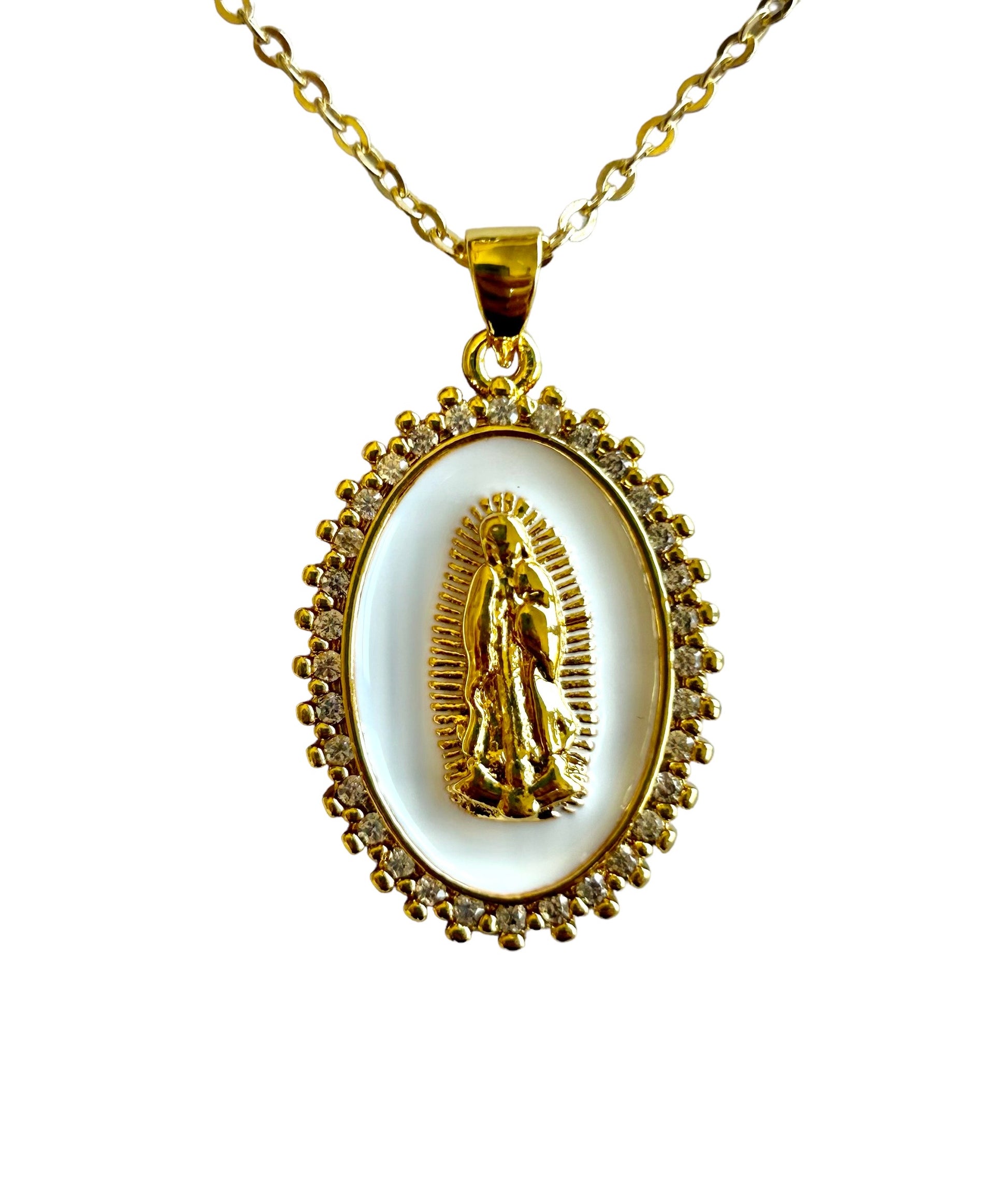 Virgin Mary Pendant Necklace mother of pearl background and delicate crystals surrounded in oval shape, catholic jewelry, catholic necklace, catholic gift, catholic gifts