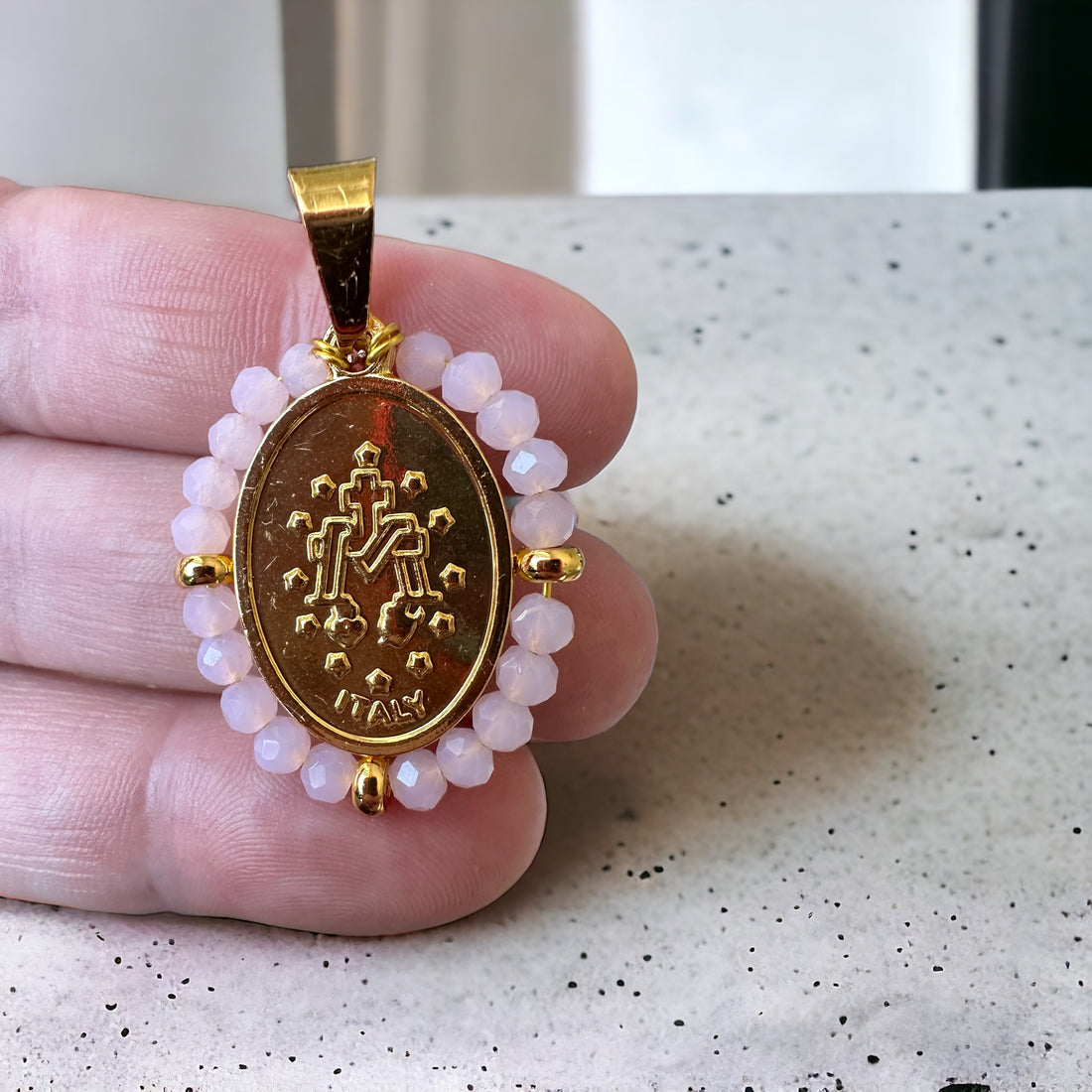 pink and gold miraculous medal pendant necklace