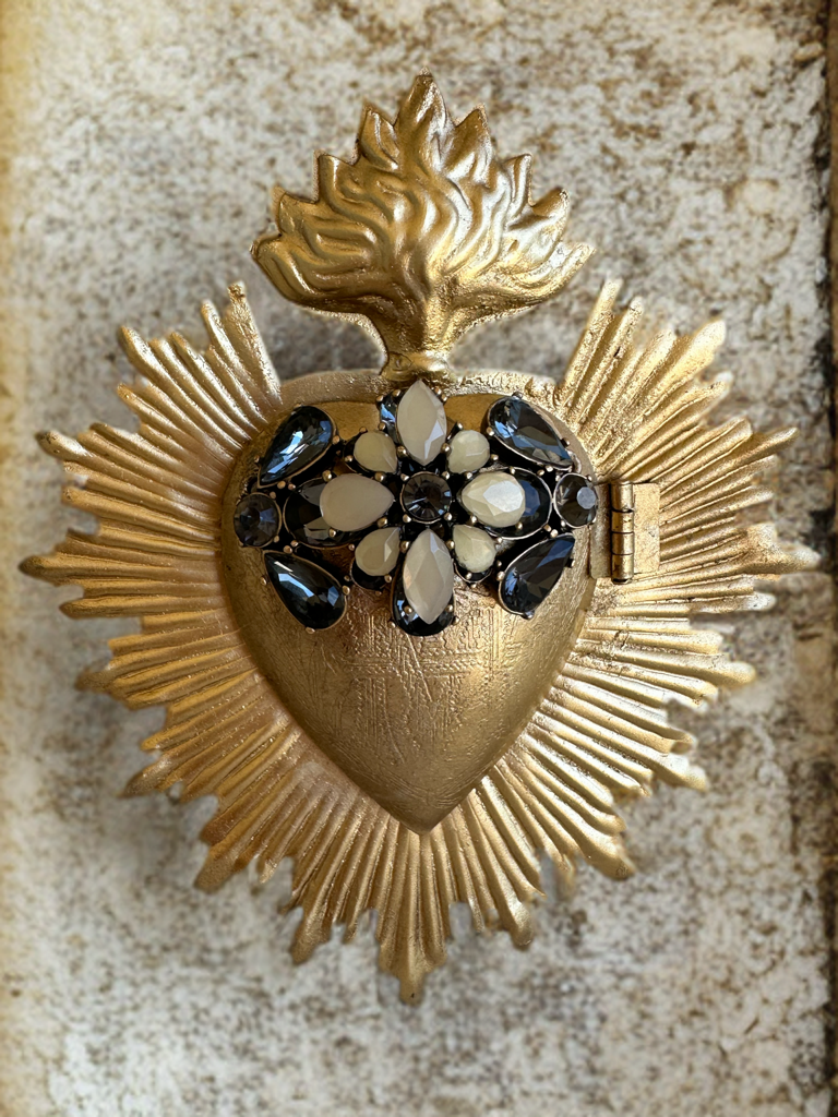 Vintage style pendant jewels embellished Sacred Heart Milagro Medallion. Each one is One Of A Kind!