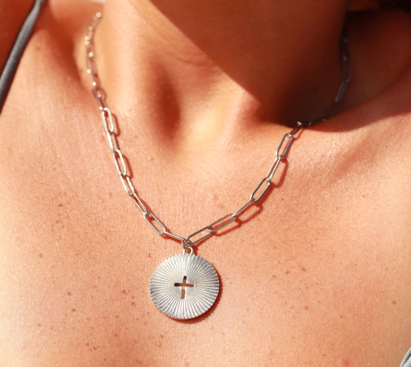 paperclip chain cross necklace silver, paper clip chain necklace, catholic gifts her, catholic gifts women, catholic jewelry, catholic necklace, womens cross necklace silver, silver cross pendant necklace, devotional jewelry, faith necklace her, sunburst pendant necklace, modern catholic woman, modern catholic jewelry, confirmation gift girt, wedding party gift her christian