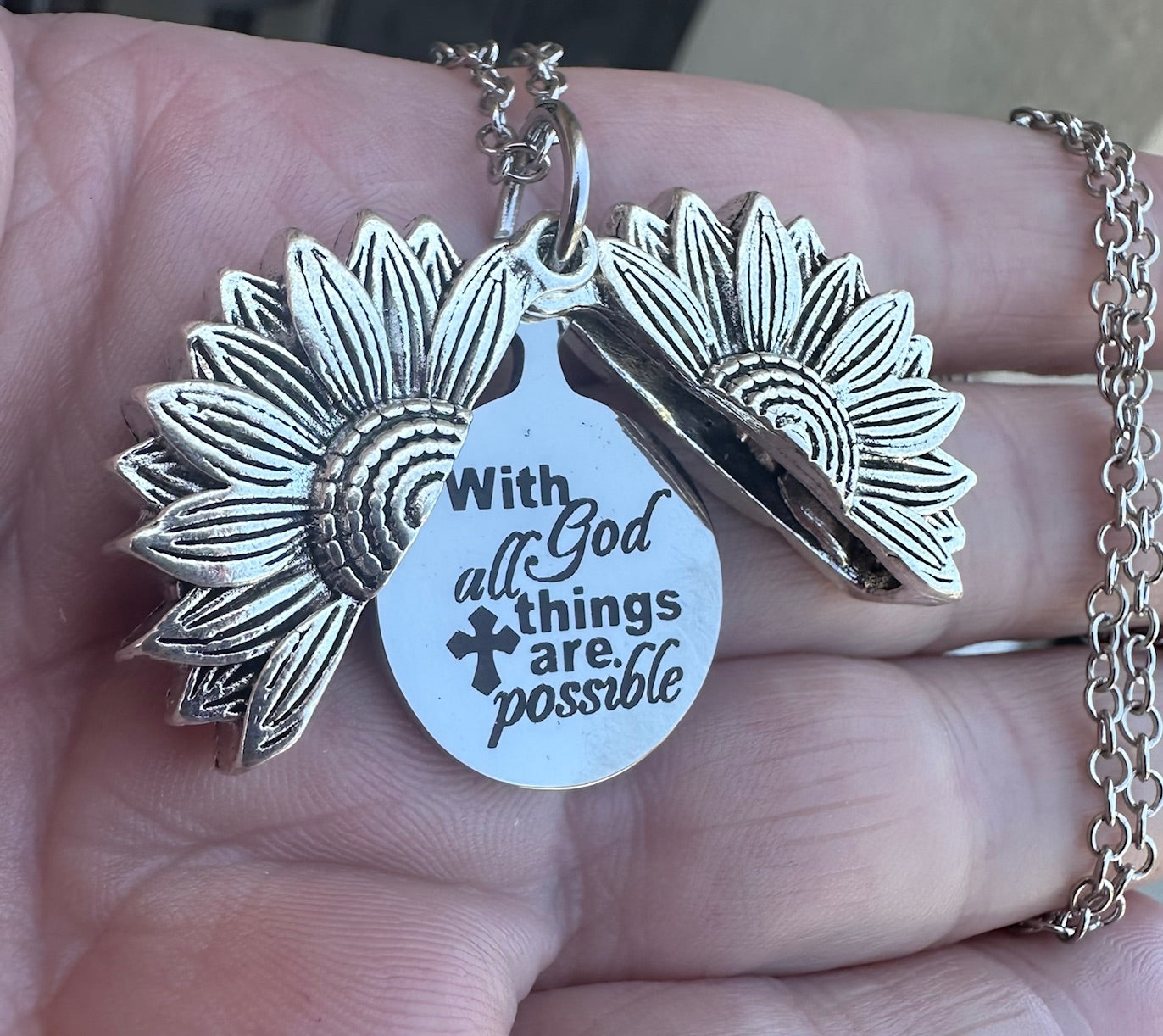 with god all things are possible necklace silver, catholic necklaces, christian necklaces, bible verse necklace, Jesus necklace, Sunflower neclace, catholic jewelry, christian jewelry