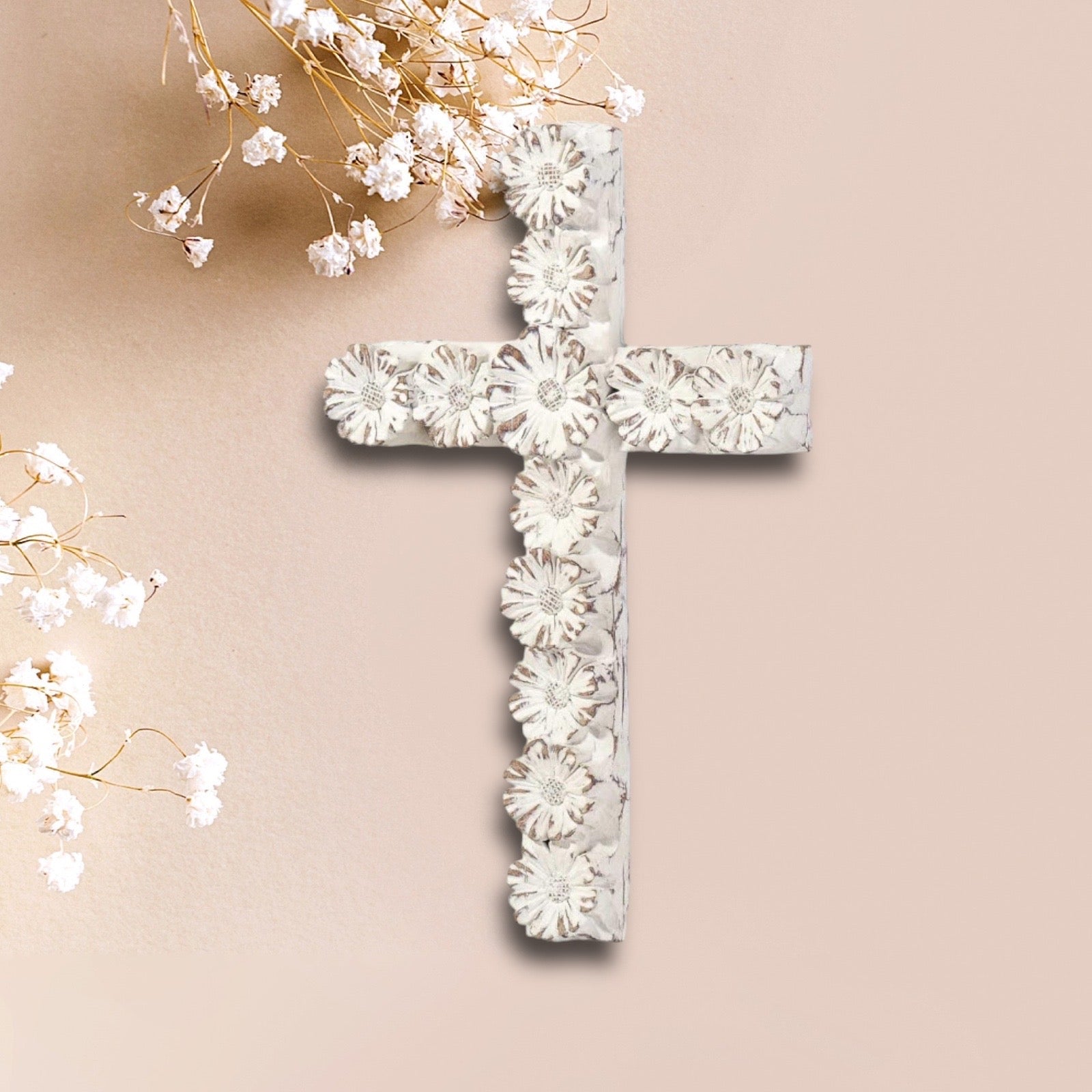 Flower Floral wall cross crucifix, rustic wall cross, farmhouse wall cross, distressed wood wall cross, white wall cross, farmhouse cross, rustic cross, distressed cross, wedding cross, wedding gift, baptism gift, baptismal gift, christening gift, first communion, confirmation, nursery decor, baby room, flower cross, catholic gifts, christian gifts